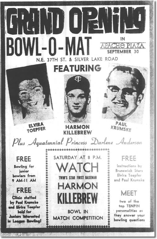 Ad for Harmon Killebrew at Apache Plaza Bowl-O-Mat