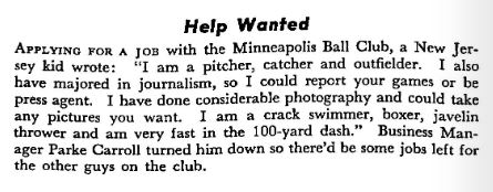 Ad for a job playing for the Minneapolis Millers